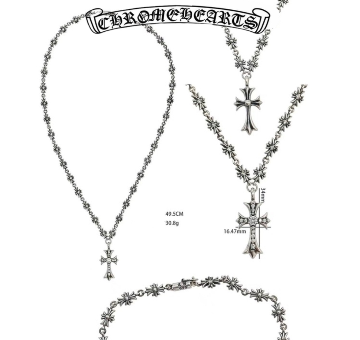 Chrome Hearts Silver Cross Pendant with Diamonds + Small Cross Necklace (49cm),(30.8g)
