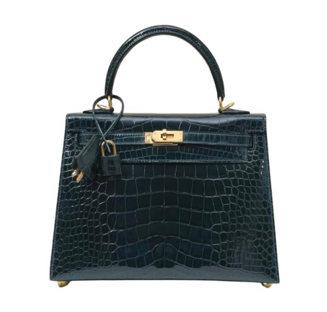 Hermès Kelly25 Sellier Vert Rousseau Shiny Alligator&Gold Hardware