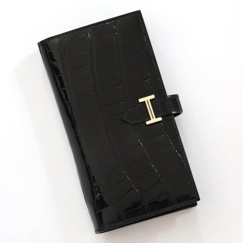 Hermès Bearn Wallet Shiny Alligator&Gold Hardware Black