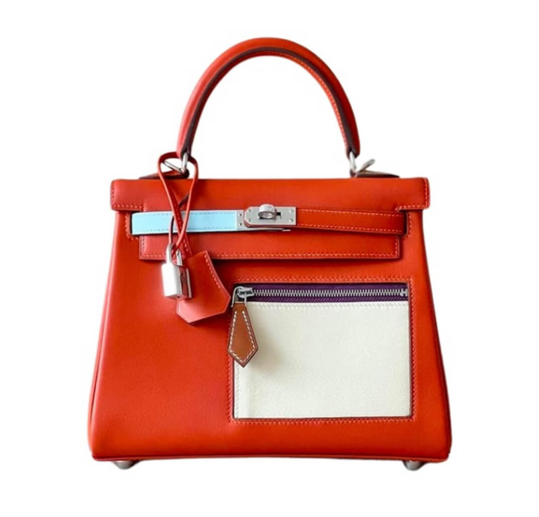 Hermès Kelly25 Sellier,Colormatic /Cuivre, Nata, Bleu Brume, Chai And Lime Swift& Palladium Hardware