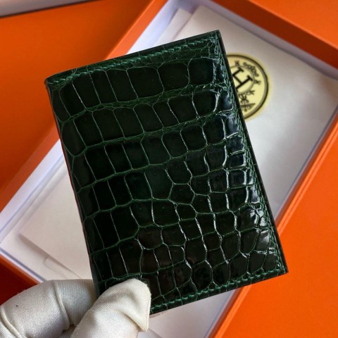 Hermès MC² Euclide Card Holder in Vert Fonce Shiny Alligator Leather