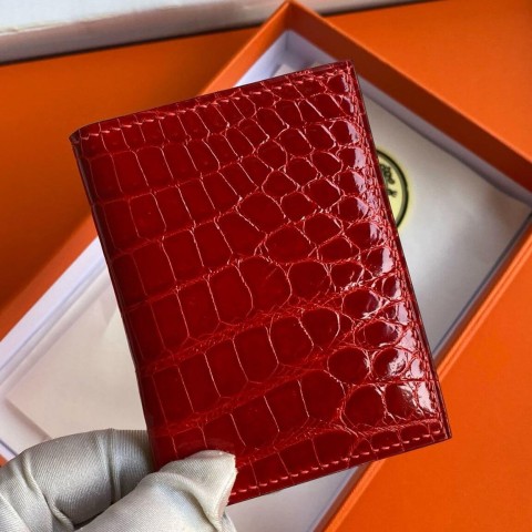 Hermès MC² Euclide Card Holder in Red Shiny Alligator Leather