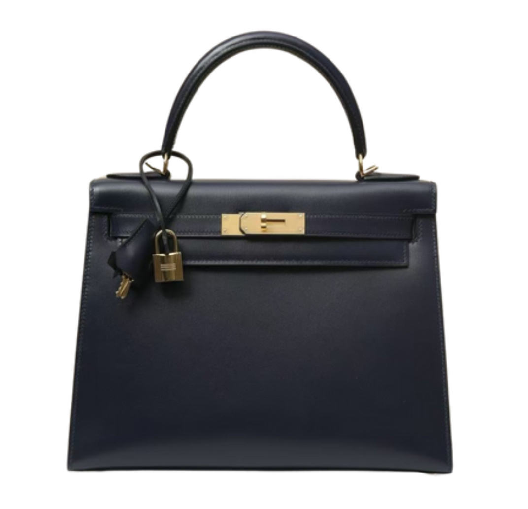 Hermès Kelly28  Sapphire Blue Glossy Box Leather Bag&Gold Hardware