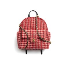 Chanel  25C Wool Twill Velvet Calfskin With Gold Metal Backpack Large Size Women's Red & White