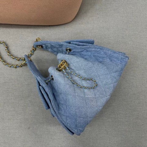 CHANEL 25C Vintage Drawstring Hobo Bag – Washed Denim with Gold Hardware