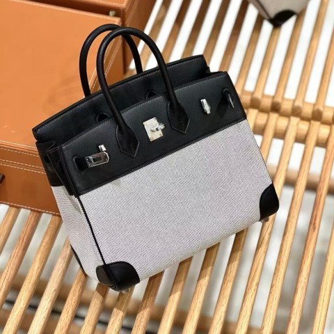 Hermès Birkin 25 Toile Goéland & Noir Swift Palladium Hardware