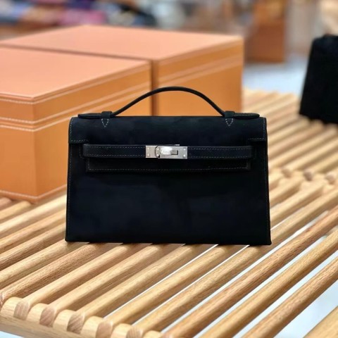 Hermès Kelly Pochette Noir Suede Palladium Hardware