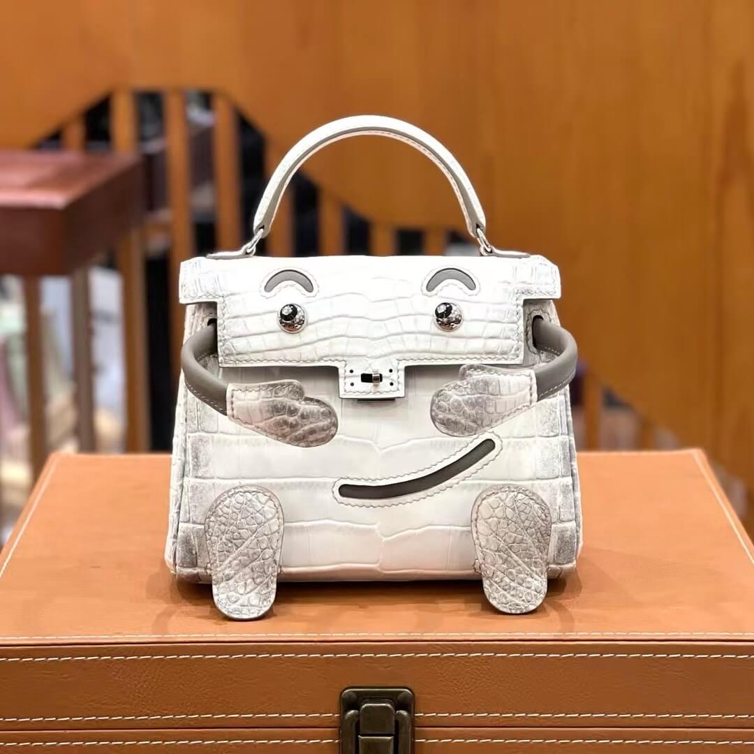 Hermès Kelly Doll Bag 20cm, Blanc White Matte Himalayan Crocodile Leather, Etoupe Swift Accents