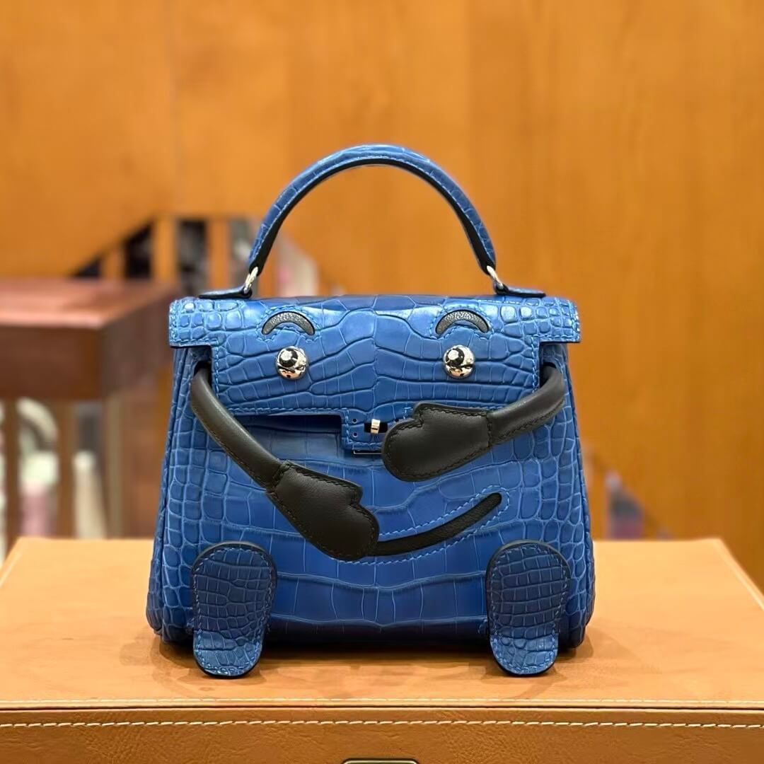 Hermès Kelly Doll Bag 20cm, Blue Hydra Matte Alligator Leather, Noir Swift Accents