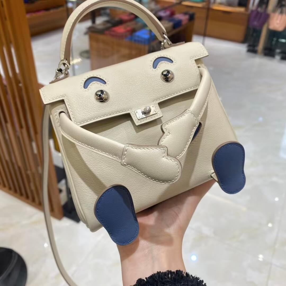 Hermès Kelly Doll Bag 20cm, Craie Swift Leather, Blue Jean Accents
