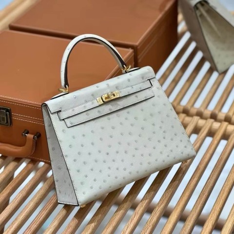 Hermès Kelly 25 Ostrich Gris Mouette Gold Hardware Bag