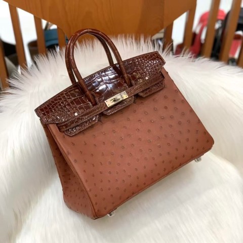 Hermès Birkin 25 Gold Ostrich and Brown Crocodile Bicolor Togo Bag