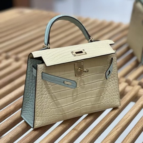 Hermès Kelly 25 Sellier Matte Alligator Beton & Bleu Brume with Palladium Hardware