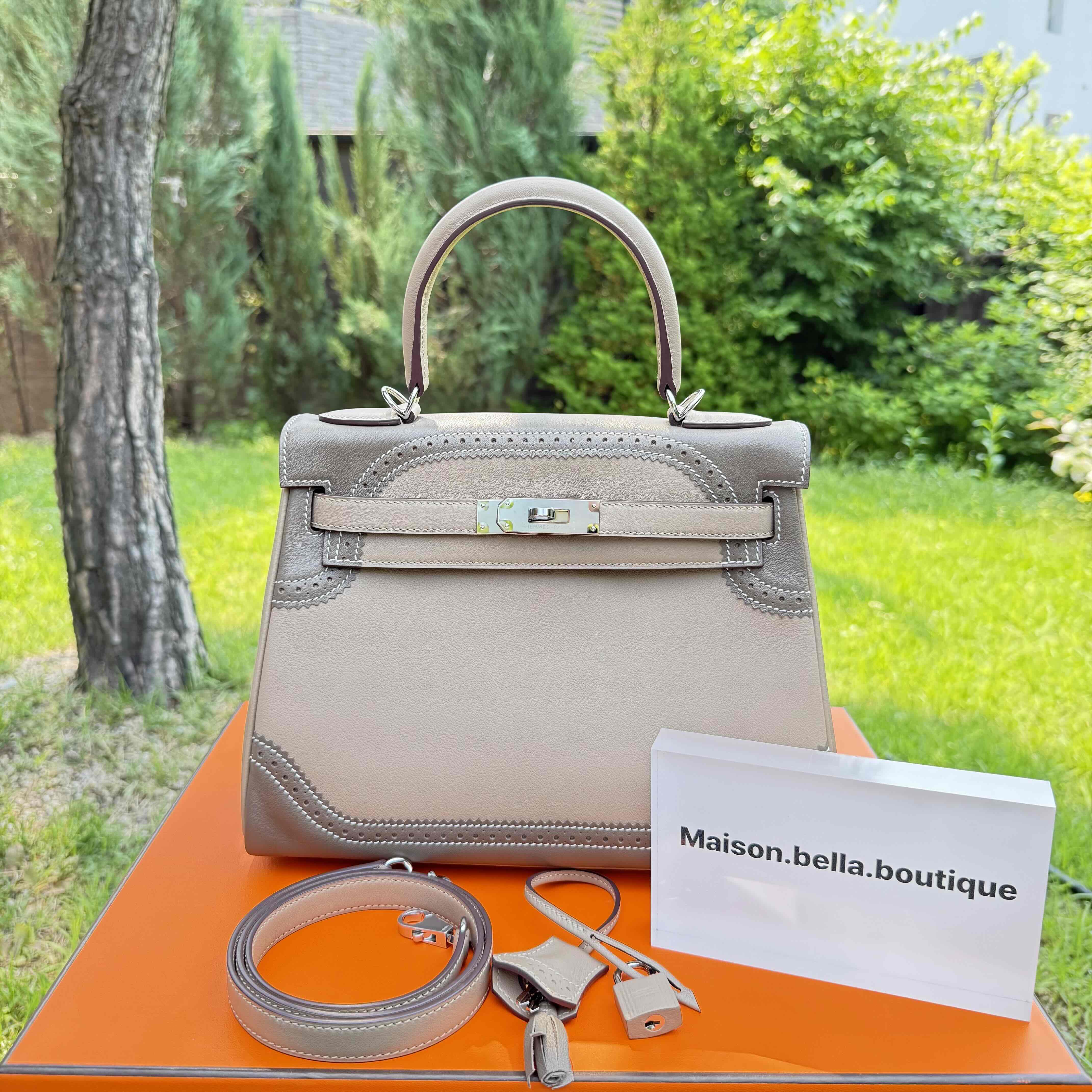 Hermès Kelly 28 Gris Tourterelle & Etoupe Swift/Box Brogue with Palladium Hardware (In & Out Limited Edition)