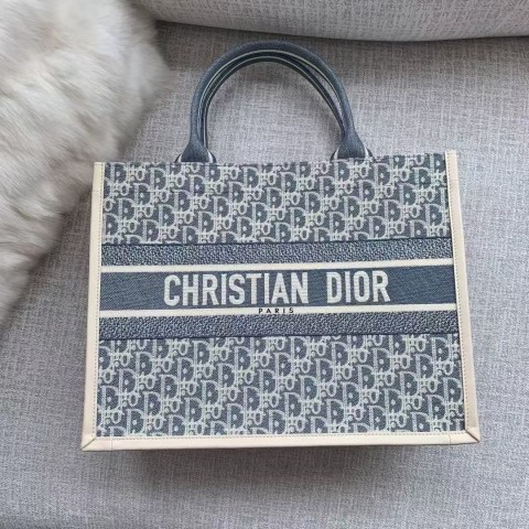 Dior Book Tote Bag – Blue & White Oblique with Calfskin Trim (Medium Size 36×27.5×16.5 cm)