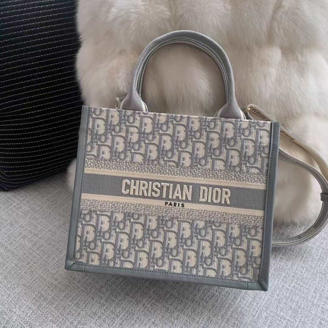 Dior Book Tote Bag – Grey Fabric with Calfskin Trim (Small Size 26.5×22×14 cm)