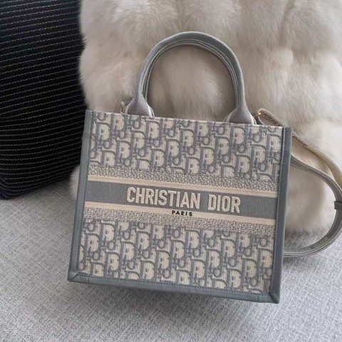 Dior Book Tote Bag – Grey Fabric with Calfskin Trim (Small Size 26.5×22×14 cm)