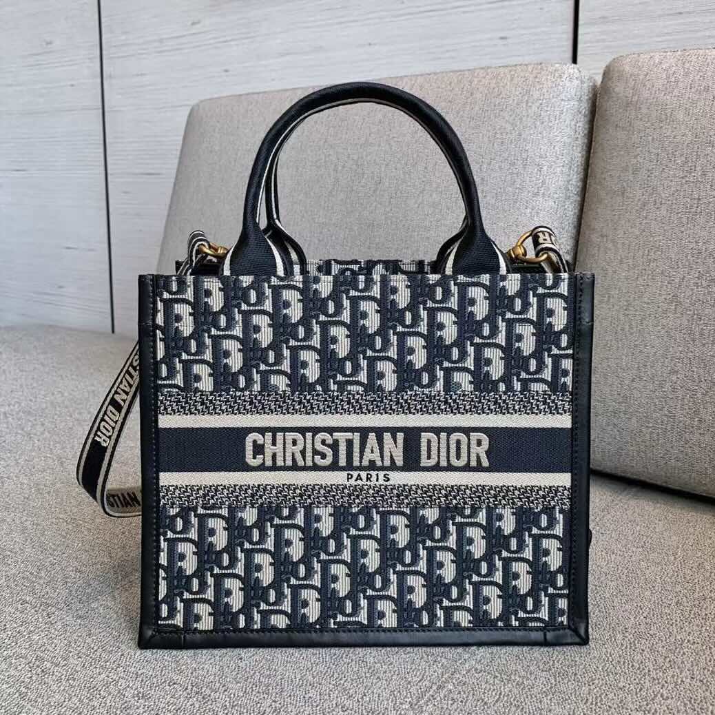 Dior Book Tote Bag – Blue Fabric with Calfskin Detail (Small Size 26.5×22×14 cm)