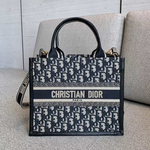 Dior Book Tote Bag – Blue Fabric with Calfskin Detail (Small Size 26.5×22×14 cm)