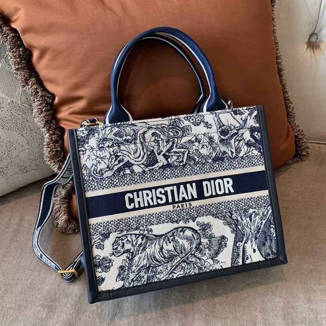 Dior Book Tote Bag – Blue Tiger Embroidery with Calfskin (Small Size 26.5×22×14 cm)