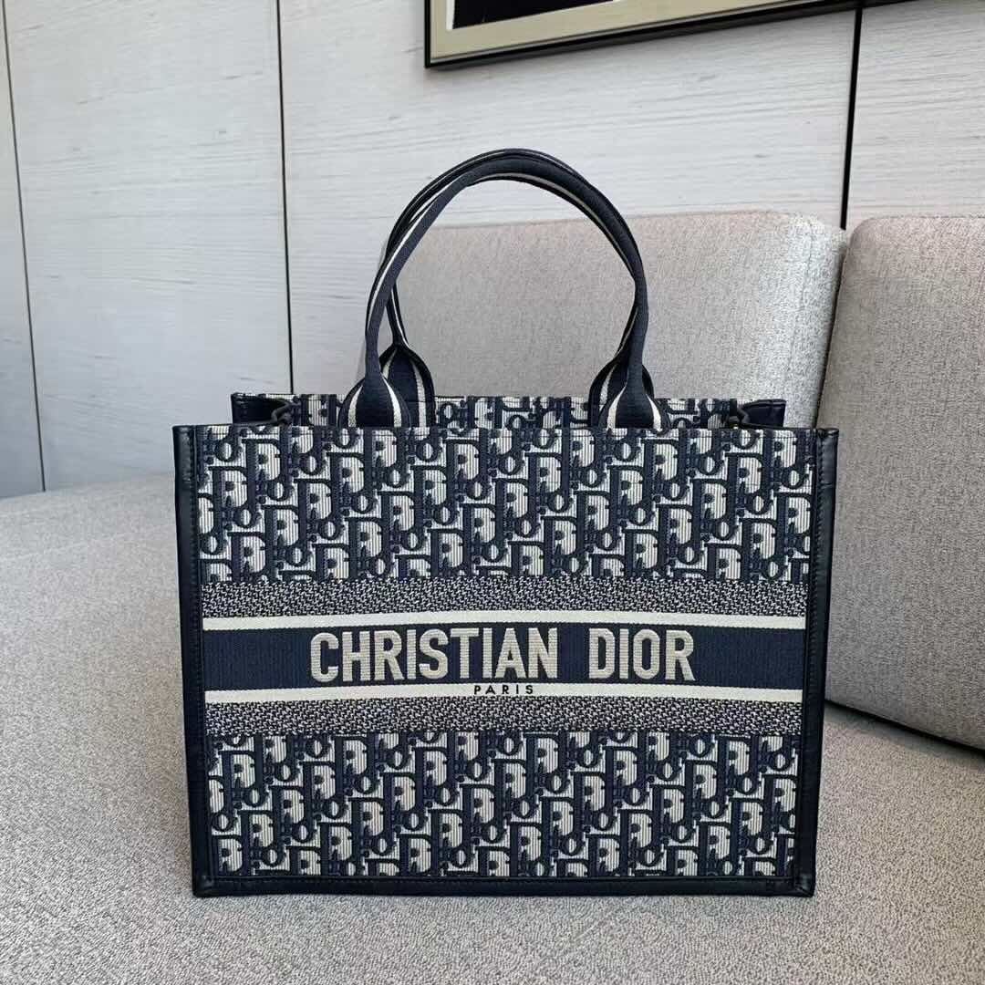Dior Book Tote Bag – Blue Fabric (Medium Size 36.5×28×16.5 cm)