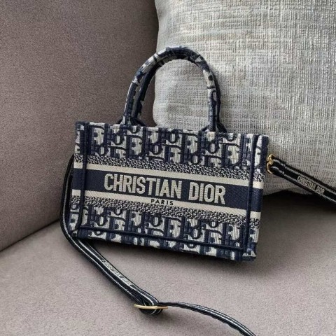 Dior Book Tote Bag – Blue Oblique with Adjustable Strap (Mini Size 21.5×13×7.5 cm)