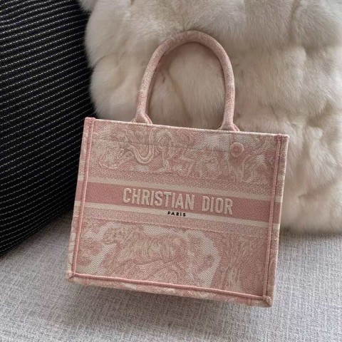 Dior Book Tote Bag – Pink Tiger Embroidery (Small Size 26.5×22×14 cm)