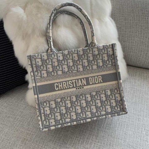 Dior Book Tote Bag – Grey Fabric (Small Size 26.5×22×14 cm)