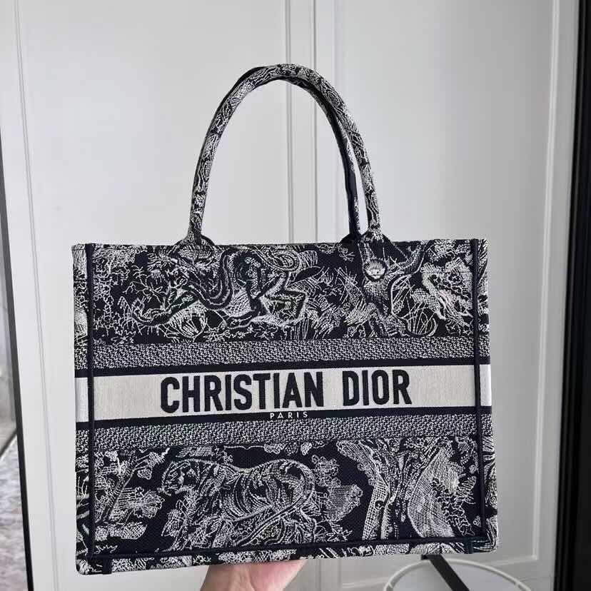 Dior Book Tote Bag – New Blue Tiger with Animal Embroidery (Medium Size 36×27.5×16.5 cm)
