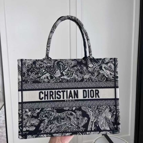 Dior Book Tote Bag – New Blue Tiger with Animal Embroidery (Medium Size 36×27.5×16.5 cm)