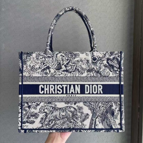 Dior Book Tote Bag – Blue Tiger Embroidery (Medium Size 36×27.5×16.5 cm)