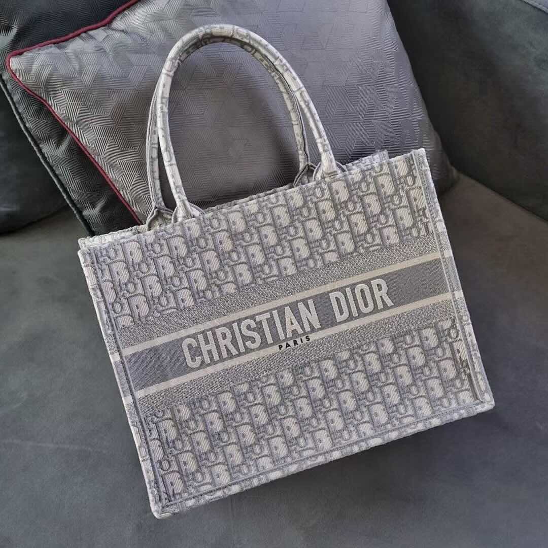 Dior Book Tote Bag – Grey Fabric (Medium Size 36×27.5×16.5 cm)