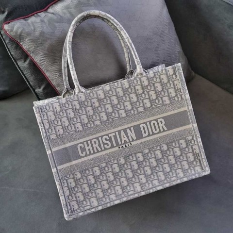 Dior Book Tote Bag – Grey Fabric (Medium Size 36×27.5×16.5 cm)