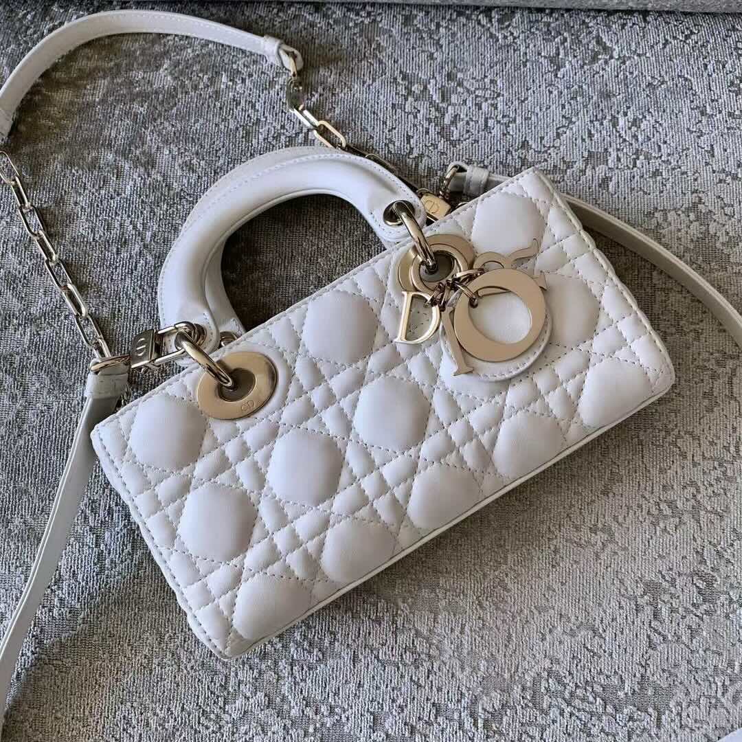 Dior Lady D-Joy Bag – White Lambskin (Small Size 22×11.5×6 cm)