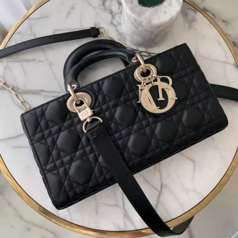 Dior Lady D-Joy Bag – Black Lambskin with Gold Hardware (Medium Size 26×13.5×5 cm)