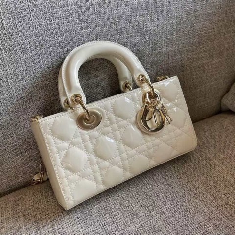 Dior Lady D-Joy Bag – White Patent Leather (Small Size 22×11.5×6 cm)