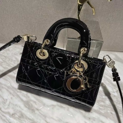 Dior Lady D-Joy Bag – Black Patent Leather (Micro Size 16×9×5 cm)