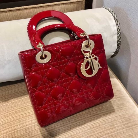75. Dior Lady Dior Bag – Deep Burgundy Patent Leather (4 Grid, Size 20×17×8 cm)