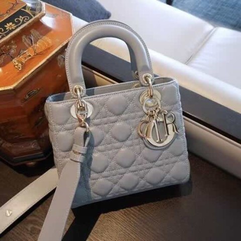 Dior Lady Dior Bag – Grey Lambskin with Gold Hardware (4 Grid, Size 20×17×8 cm)