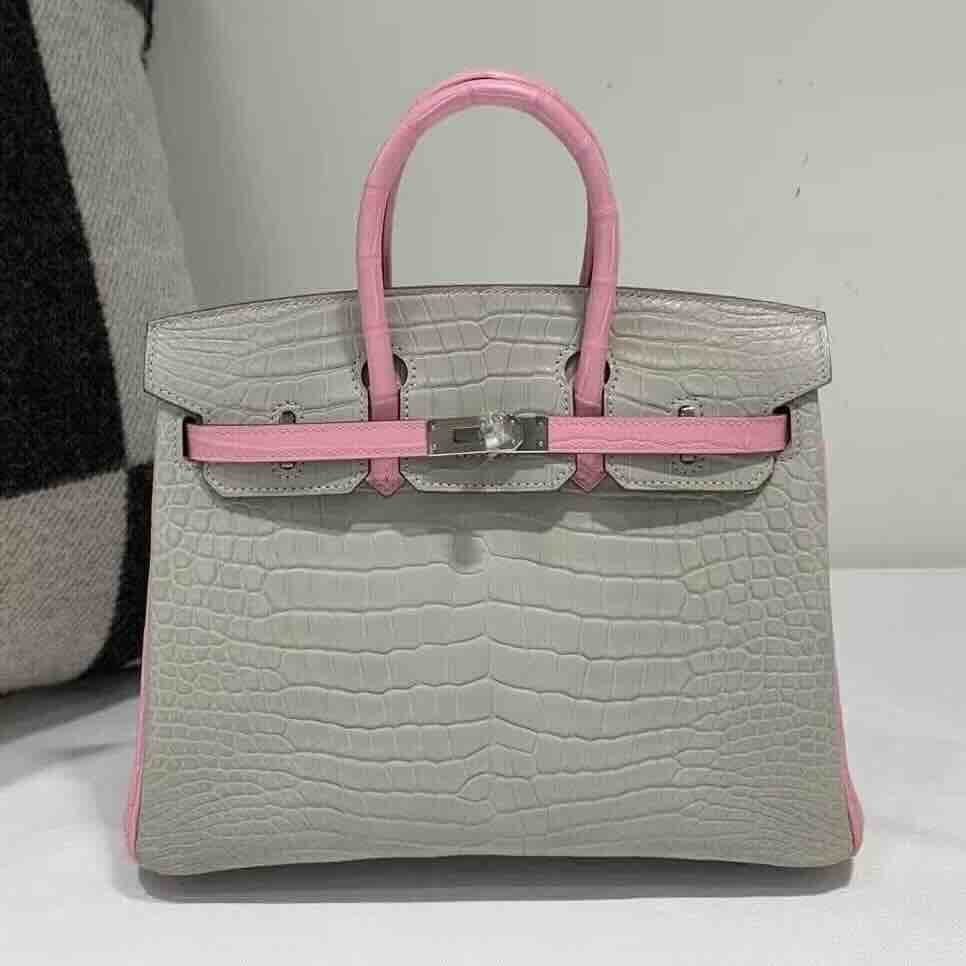 Hermès Birkin 25 HSS in Gris Perle and Rose Sakura Matte Alligator with palladium hardware