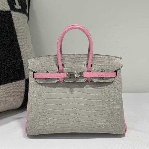 Hermès Birkin 25 HSS in Gris Perle and Rose Sakura Matte Alligator with palladium hardware