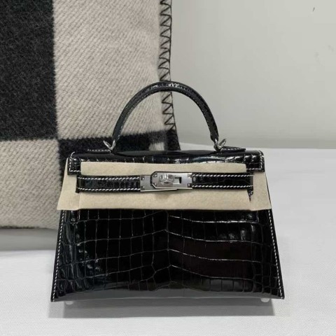 Hermès Mini Kelly II Shiny Niloticus Crocodile Black with White Stitching – Palladium Hardware