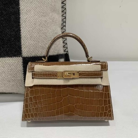 Hermès Mini Kelly II Shiny Niloticus Crocodile Tobacco Grey – Gold Hardware