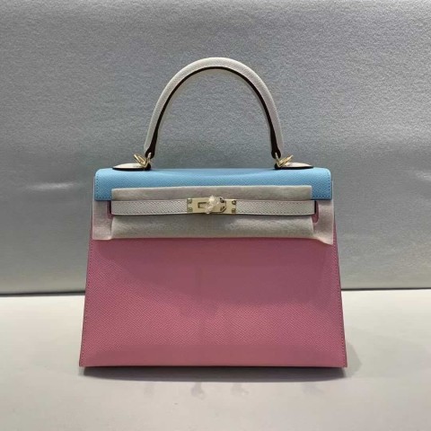 Hermès Kelly 25 Epsom Rose Confetti with Craie and Candy Blue – Gold Hardware