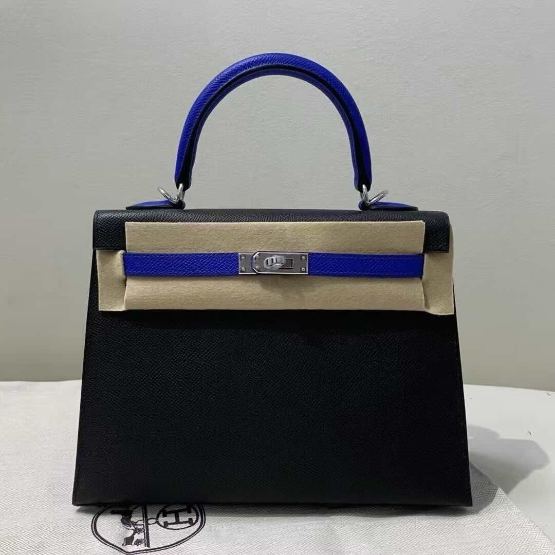 Hermès Kelly 25 Epsom Black with Electric Blue – Palladium Hardware