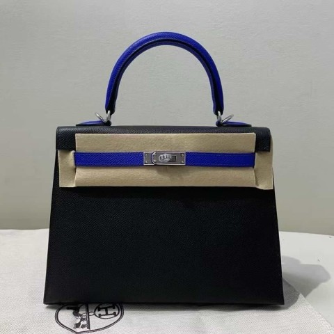 Hermès Kelly 25 Epsom Black with Electric Blue – Palladium Hardware