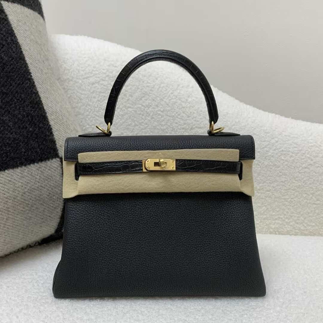 Hermès Kelly 25 Touch Togo with Crocodile Black – Gold Hardware