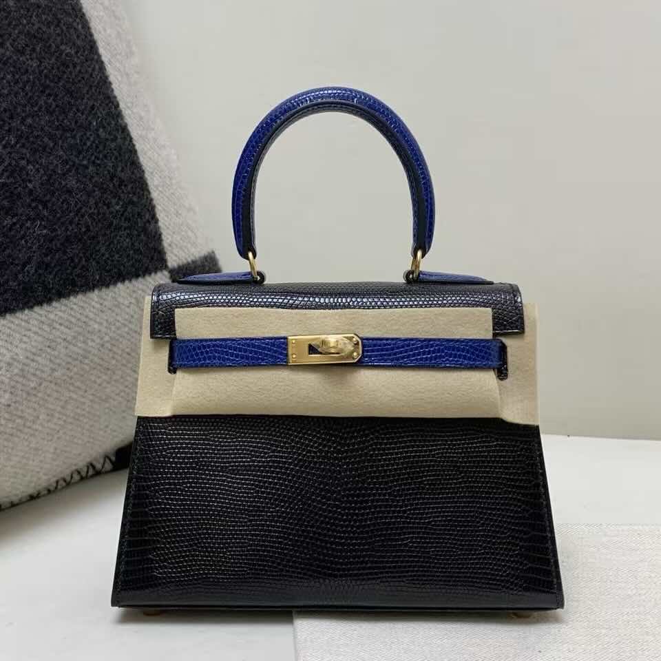 Hermès Mini Kelly 20 Big Ear Lizard Black with Sapphire Blue – Gold Hardware