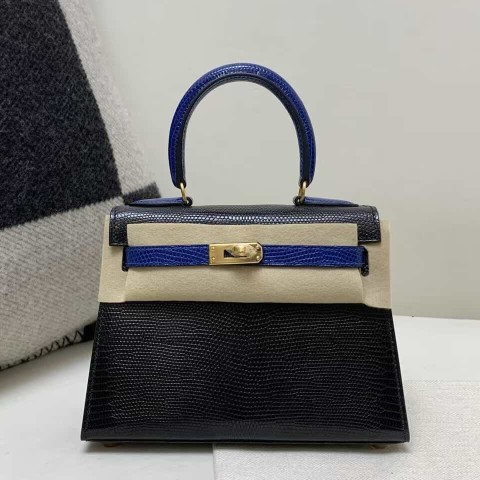 Hermès Mini Kelly 20 Big Ear Lizard Black with Sapphire Blue – Gold Hardware
