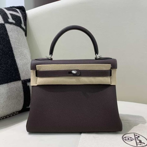 Hermès Kelly 25 Ébène Clemence Rose Palladium Hardware